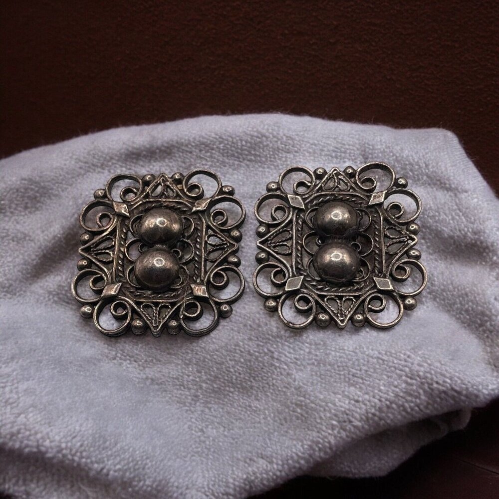 VTG Sterling Silver 925 Large Open Filigree Clip On Earrings Modernist Brutalist